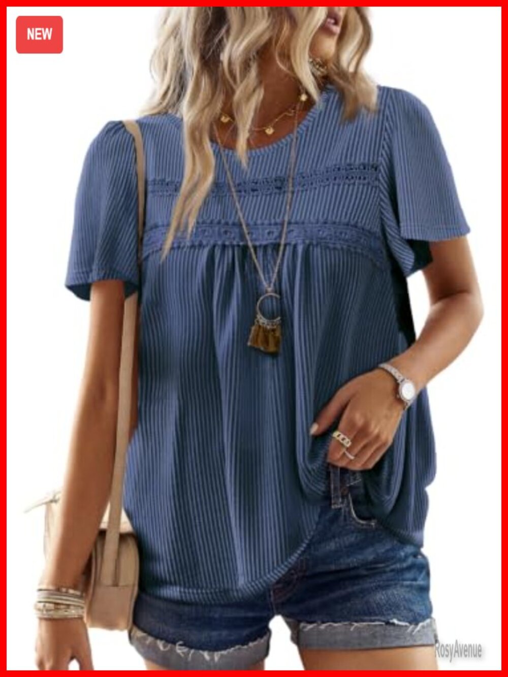 Womens Boho Crochet Ribbed Short Sleeve Tunic Top Loose Fit Summer